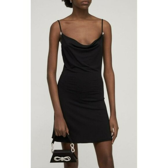 Mach & Mach Viscose Black Slip Dress Mini Crystal Bow Straps 90s Wedding Guest - Picture 2 of 8
